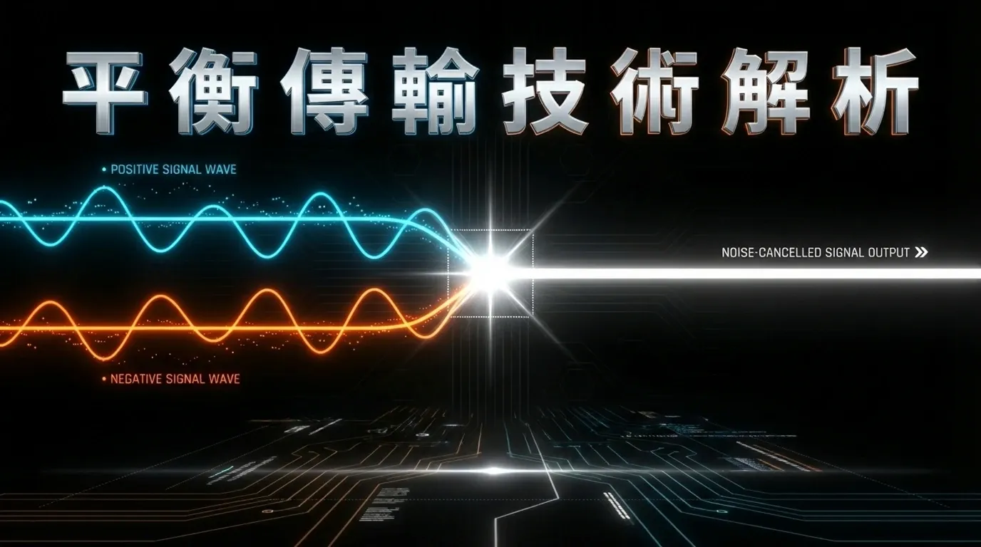 平衡傳輸技術解析封面圖：極簡科技風格視覺化，展示對稱的正相（青色）與反相（橘色）訊號波形匯聚，象徵共模雜訊被抵消後輸出純淨的白色訊號光束。