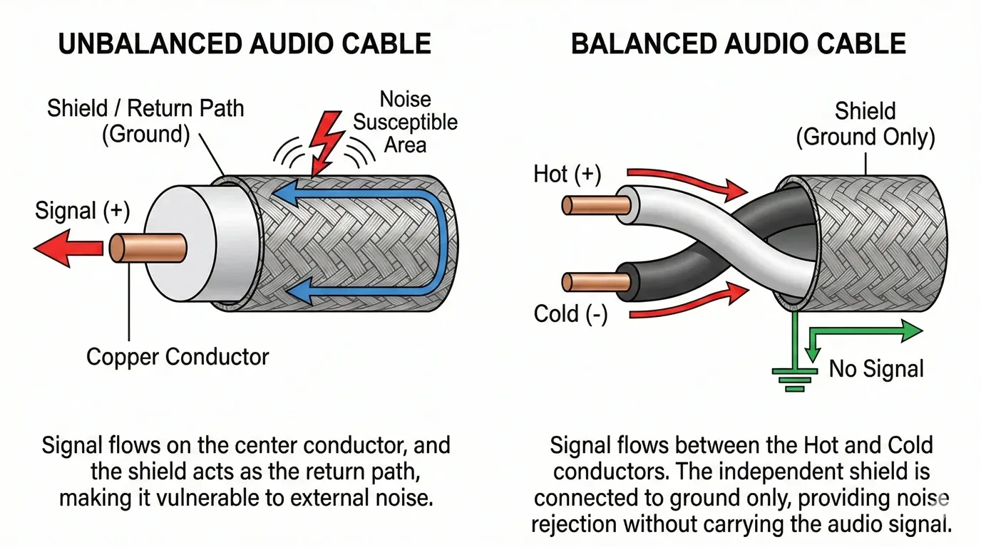 Diagram comparing the internal structure and signal flow of Unbalanced vs. Balanced audio cables. Illustration shows how the unbalanced shield acts as a return path creating noise susceptibility, while the balanced independent shield and twisted pair design provide noise rejection.