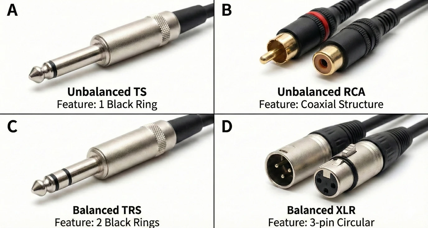 Visual identification guide for common audio connectors. Quadrants show Unbalanced TS (1 ring), Unbalanced RCA, Balanced TRS (2 rings), and Balanced XLR (3-pin) with key physical features labeled.