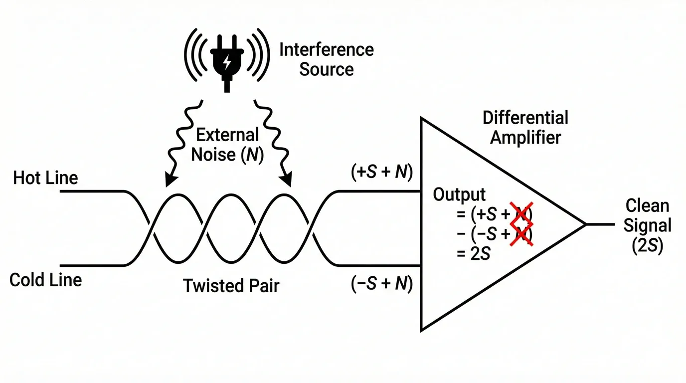 Diagram of Common Mode Rejection mechanism in balanced audio. Illustrating how a differential amplifier cancels out external noise (N) picked up by twisted pairs via subtraction, resulting in a clean audio signal (2S).