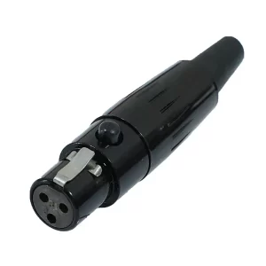Newtide MXR5020B-3P 3-pole MINI XLR female cable connector with push locking latch, black-plated metal shell and black strain relief boot.