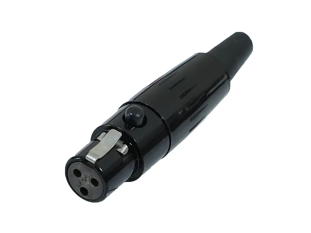 Newtide MXR5020B-3P 3-pole MINI XLR female cable connector with push locking latch, black-plated metal shell and black strain relief boot.