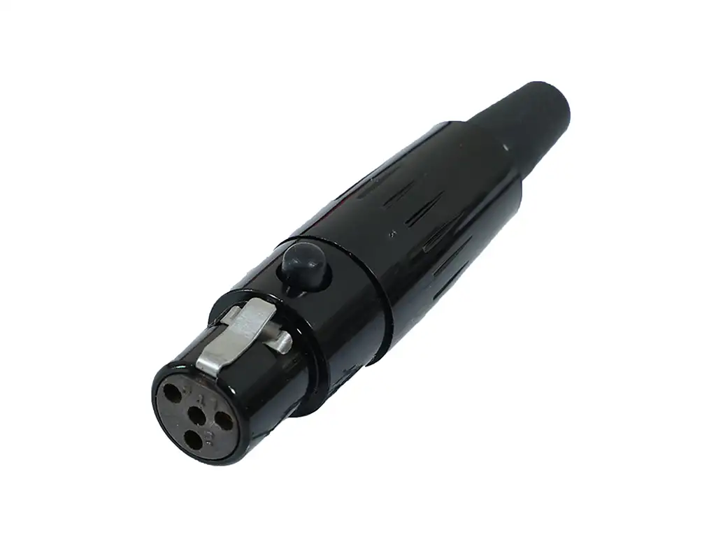 Newtide MXR5020B-4P 4-pole MINI XLR female cable connector with push locking latch, black-plated metal shell and black strain relief boot.