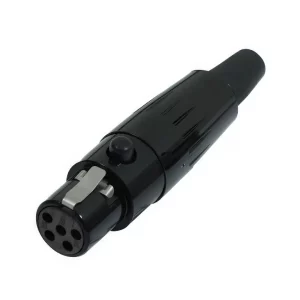 Newtide MXR5020B-5P 5-pole MINI XLR female cable connector with push locking latch, black-plated metal shell and black strain relief boot.