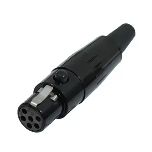 Newtide MXR5020B-6P 6-pole MINI XLR female cable connector with push locking latch, black-plated metal shell and black strain relief boot.