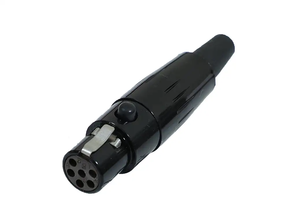 Newtide MXR5020B-6P 6-pole MINI XLR female cable connector with push locking latch, black-plated metal shell and black strain relief boot.