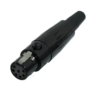 Newtide MXR5020B-7P 7-pole MINI XLR female cable connector with push locking latch, black-plated metal shell and black strain relief boot.