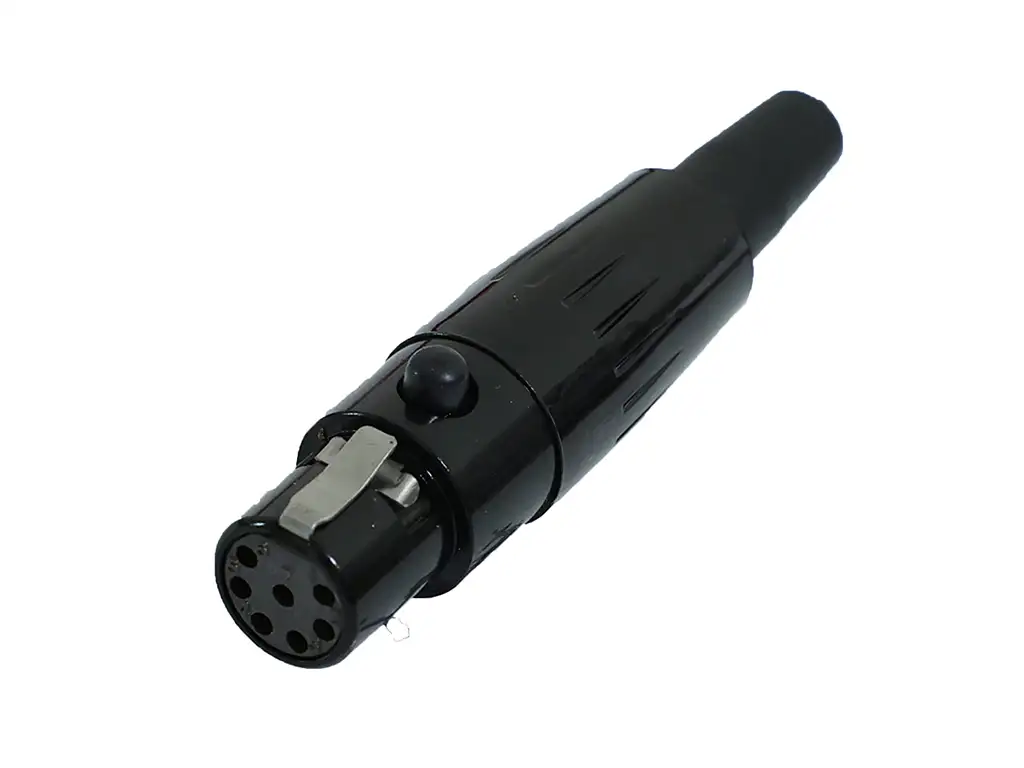 Newtide MXR5020B-7P 7-pole MINI XLR female cable connector with push locking latch, black-plated metal shell and black strain relief boot.