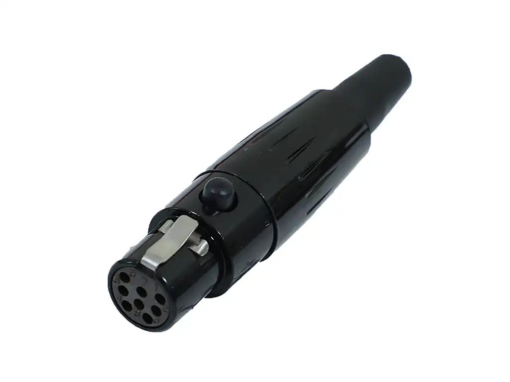 Newtide MXR5020B-8P 8-pole MINI XLR female cable connector with push locking latch, black-plated metal shell and black strain relief boot.