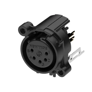 Newtide XRA0374-5P-0 5-pole XLR female chassis connector with push locking latch, vertical PCB mount , thermoplastic housing.