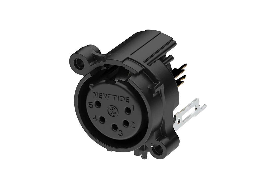Newtide XRA0374-5P-0 5-pole XLR female chassis connector with push locking latch, vertical PCB mount , thermoplastic housing.