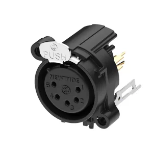 Newtide XRA0374-5P 5-pole XLR female chassis connector with push locking latch, vertical PCB mount , thermoplastic housing.