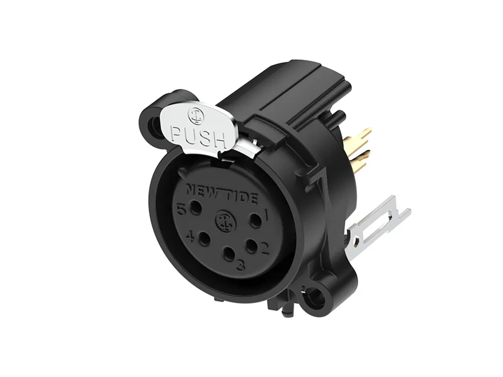 Newtide XRA0374-5P 5-pole XLR female chassis connector with push locking latch, vertical PCB mount , thermoplastic housing.