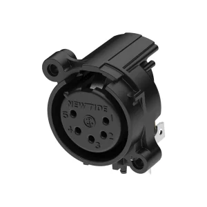 Newtide XRA0375-5P-0 5-pole XLR female chassis connector with retention spring (no latch) , horizontal PCB mount (90 degree), thermoplastic housing.