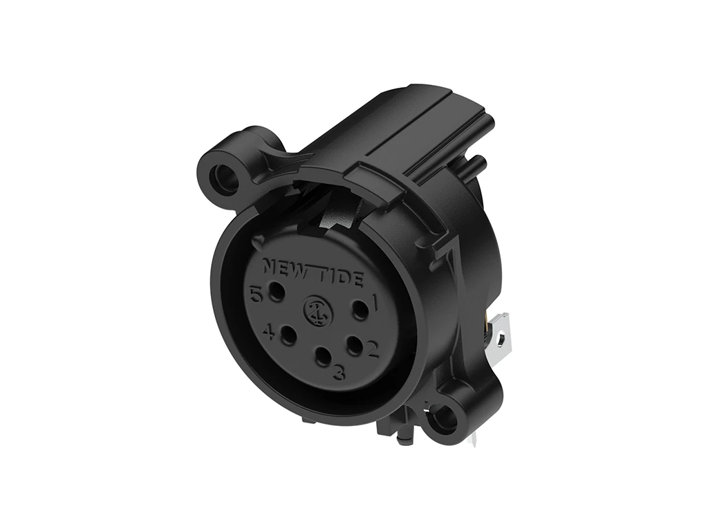 Newtide XRA0375-5P-0 5-pole XLR female chassis connector with retention spring (no latch) , horizontal PCB mount (90 degree), thermoplastic housing.