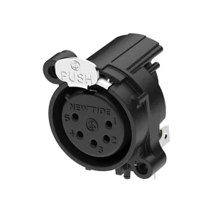Newtide XRA0375-5P 5-pole XLR female chassis connector with push locking latch, horizontal PCB mount (90 degree), thermoplastic housing.