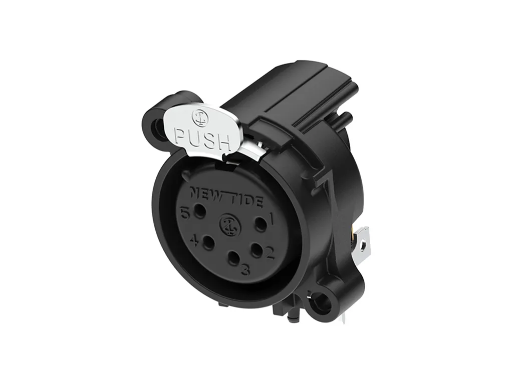 Newtide XRA0375-5P 5-pole XLR female chassis connector with push locking latch, horizontal PCB mount (90 degree), thermoplastic housing.