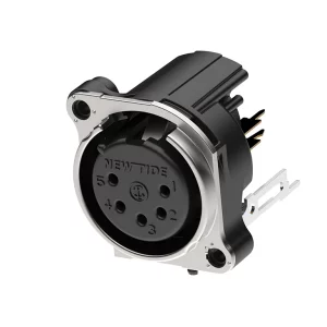 Newtide XRB0474-5P-0 5-pole XLR male chassis connector with retention spring (no latch) and EMC shielding, vertical PCB mount, thermoplastic housing.