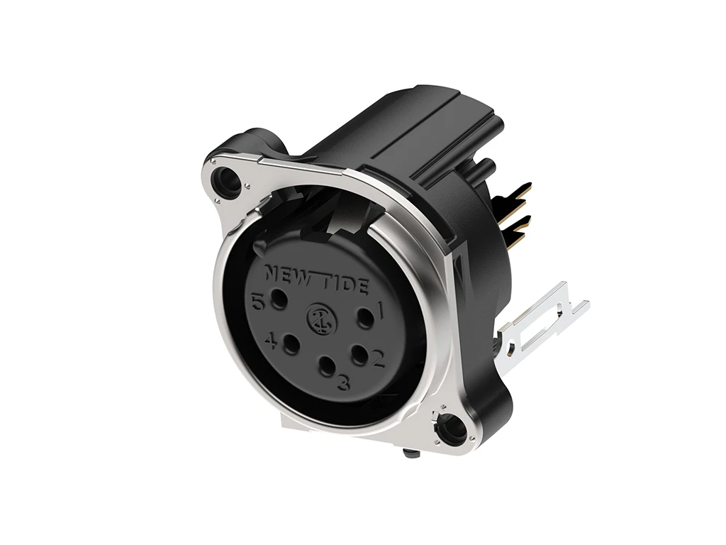 Newtide XRB0474-5P-0 5-pole XLR male chassis connector with retention spring (no latch) and EMC shielding, vertical PCB mount, thermoplastic housing.