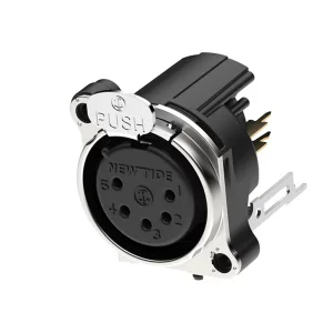 Newtide XRB0474-5P 5-pole XLR male chassis connector with push locking latch and EMC shielding, vertical PCB mount, thermoplastic housing.