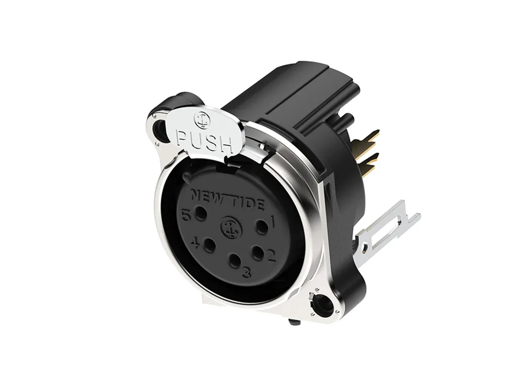 Newtide XRB0474-5P 5-pole XLR male chassis connector with push locking latch and EMC shielding, vertical PCB mount, thermoplastic housing.