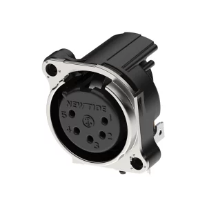 Newtide XRA0475-5P-0 5-pole XLR female chassis connector with retention spring (no latch) and EMC shielding, horizontal PCB mount (90 degree), thermoplastic housing.