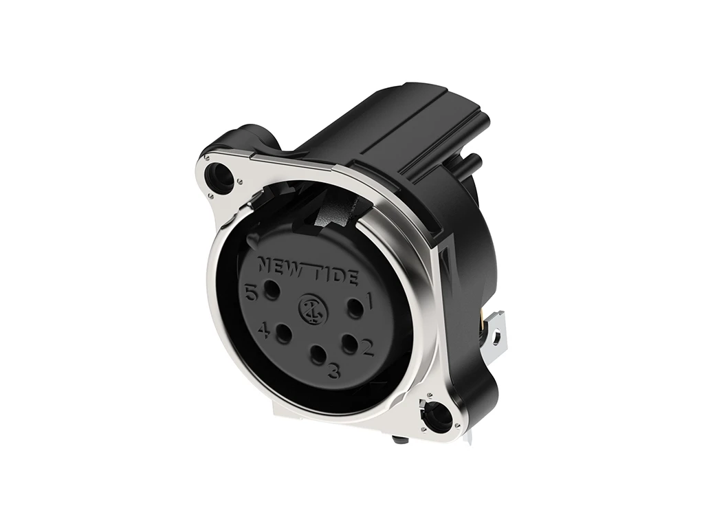 Newtide XRA0475-5P-0 5-pole XLR female chassis connector with retention spring (no latch) and EMC shielding, horizontal PCB mount (90 degree), thermoplastic housing.