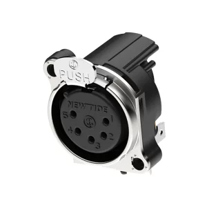 Newtide XRA0475-5P 5-pole XLR female chassis connector with push locking latch and EMC shielding, horizontal PCB mount (90 degree), thermoplastic housing.