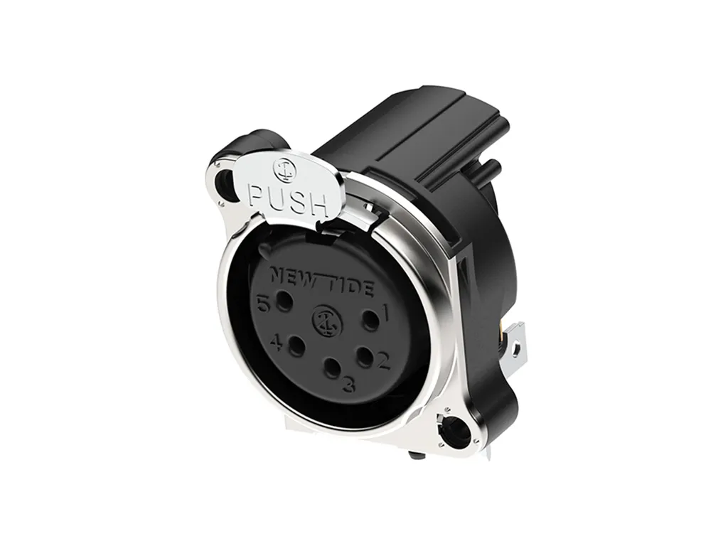 Newtide XRA0475-5P 5-pole XLR female chassis connector with push locking latch and EMC shielding, horizontal PCB mount (90 degree), thermoplastic housing.