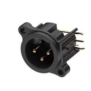 Newtide XRA0389-3PR 3-pole XLR male chassis connector, Laterial right PCB mount , thermoplastic housing.