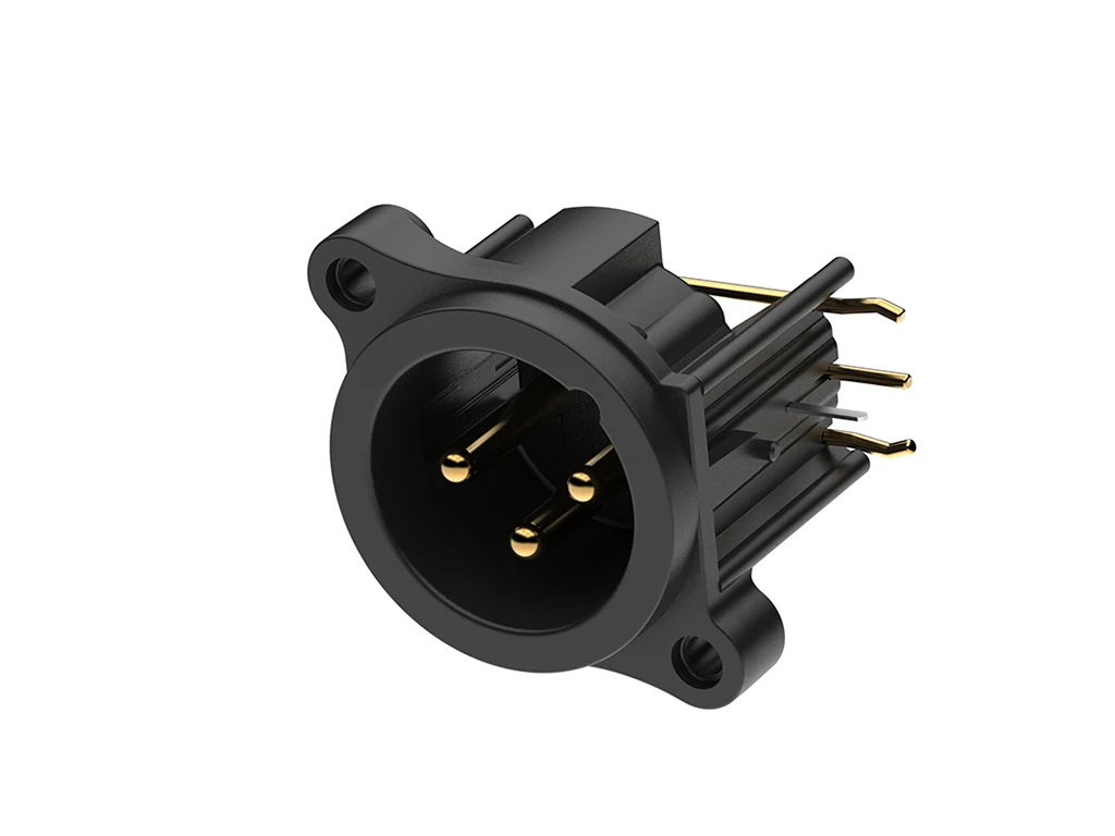 Newtide XRA0389-3PR 3-pole XLR male chassis connector, Laterial right PCB mount , thermoplastic housing.
