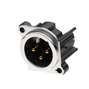 Newtide XRB0489-3PL 3-pole XLR male chassis connector with EMC shielding, Laterial left PCB mount , thermoplastic housing.