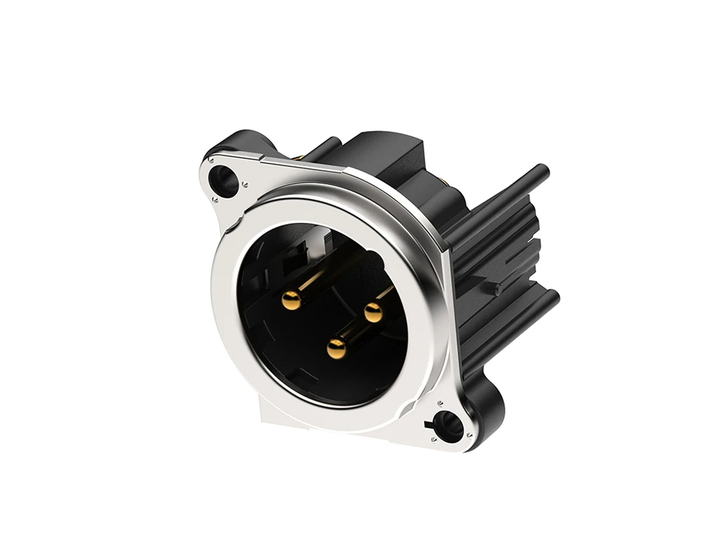 Newtide XRB0489-3PL 3-pole XLR male chassis connector with EMC shielding, Laterial left PCB mount , thermoplastic housing.