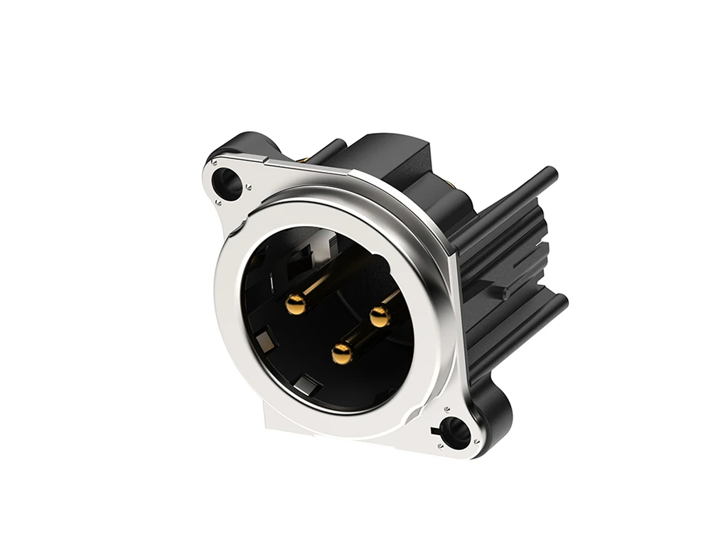Newtide XRB0489-3PL-E 3-pole XLR male chassis connector with EMC shielding, lateral left PCB mount , thermoplastic housing.