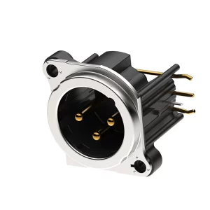 Newtide XRB0489-3PR 3-pole XLR male chassis connector with EMC shielding, Laterial right PCB mount , thermoplastic housing.