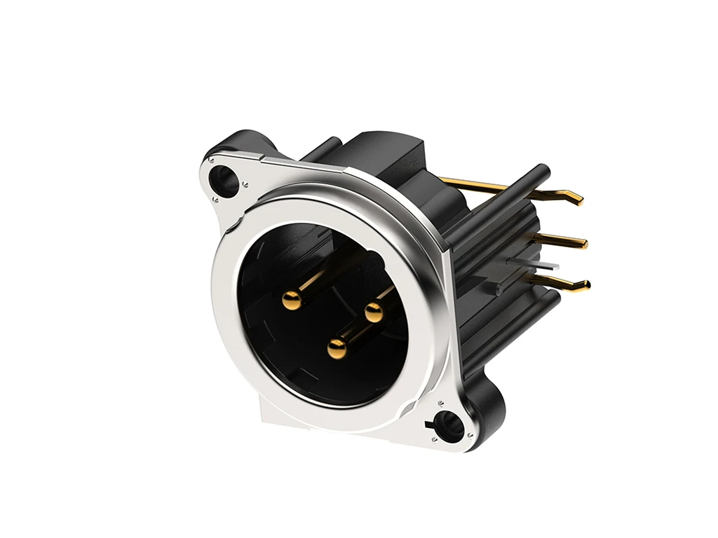 Newtide XRB0489-3PR 3-pole XLR male chassis connector with EMC shielding, Laterial right PCB mount , thermoplastic housing.