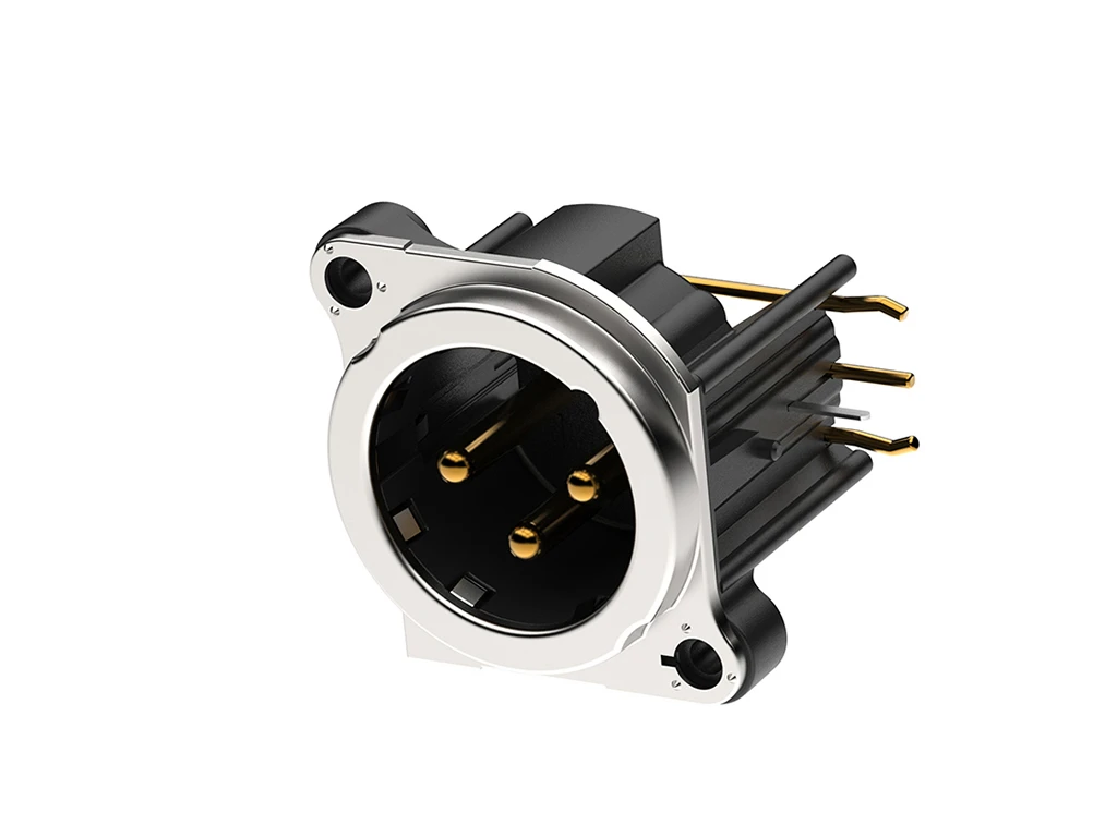 Newtide XRB0489-3PR-E 3-pole XLR male chassis connector with EMC shielding, lateral right PCB mount , thermoplastic housing.