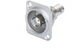 Newtide BNC2230 BNC female panel mount connector (coaxial jack) with D-shape nickel-plated metal housing.