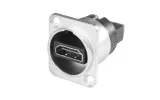 Newtide HDMI2260 HDMI female chassis connector (feedthrough) with nickel-plated D-shape metal housing.