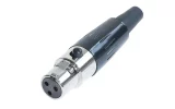 Newtide MP5020-3P 3-pole MINI XLR female cable connector with push locking latch, nickel-plated metal shell and black strain relief boot.