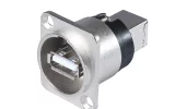 Newtide USB2220-1 USB 2.0 Type A to Type B reversible feedthrough chassis connector (gender changer) with nickel-plated D-shape metal housing.